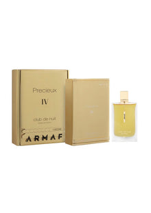 Gold Armaf Club De Nuit Precieux IV eau de parfum bottle and box set on white background