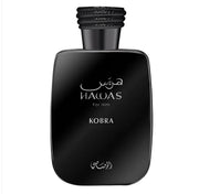 Black perfume bottle labeled 'Hawas Kobra' on a white background