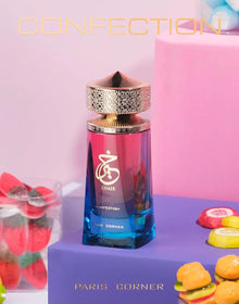 Colorful Arabian oud perfume bottle with gold cap, surrounded by candy on a pastel background