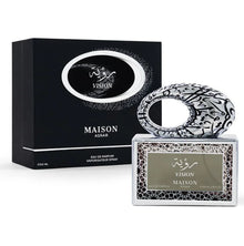 Maison Asrar Vision oud perfume with decorative silver bottle and black gift box, 100ml