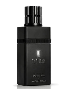 Black matte bottle of Thriller Cal Cologne by Maison Asrar, luxury Arabian fragrance