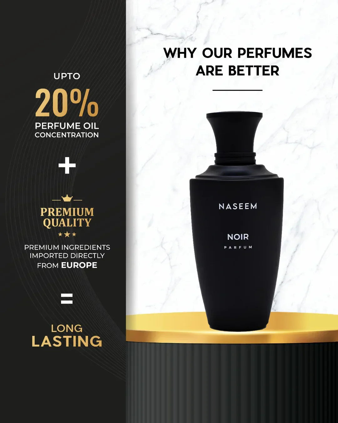 Naseem Noir Parfum black perfume bottle on gold platform, premium Arabian oud, long-lasting scent