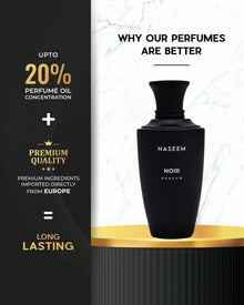 Naseem Noir Parfum black perfume bottle on gold platform, premium Arabian oud, long-lasting scent
