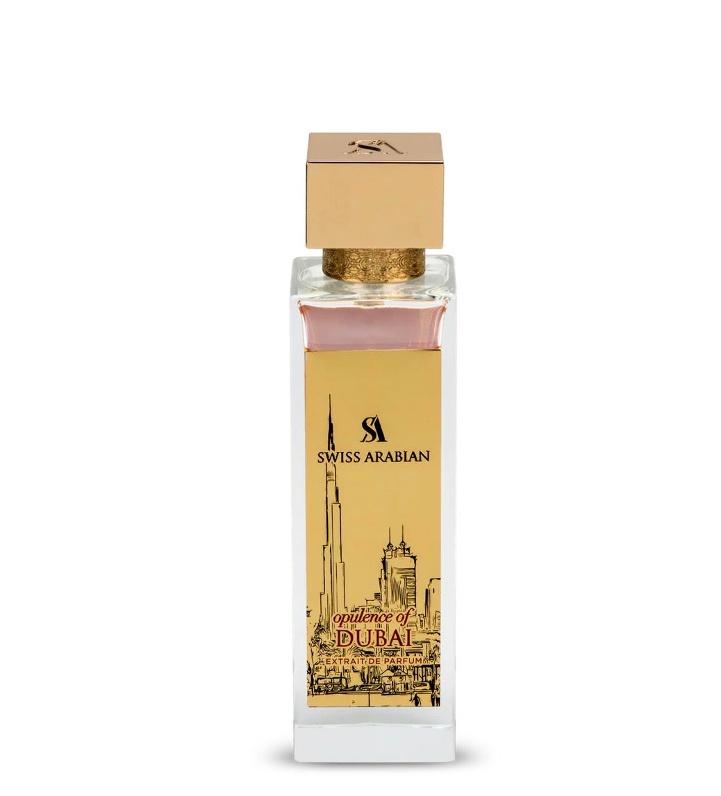 Swiss Arabian perfume bottle with gold cap on a white background