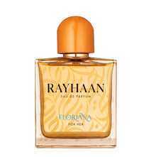 Rayhaan Floriana for Her eau de parfum bottle with golden cap and Arabic pattern design