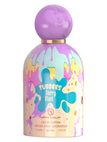 Colorful Tubbees Berry Blast perfume bottle with pastel drips and round purple cap