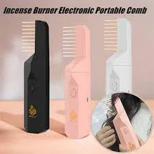 Electronic incense burner portable combs in black, pink, and white, shown in use on hair.