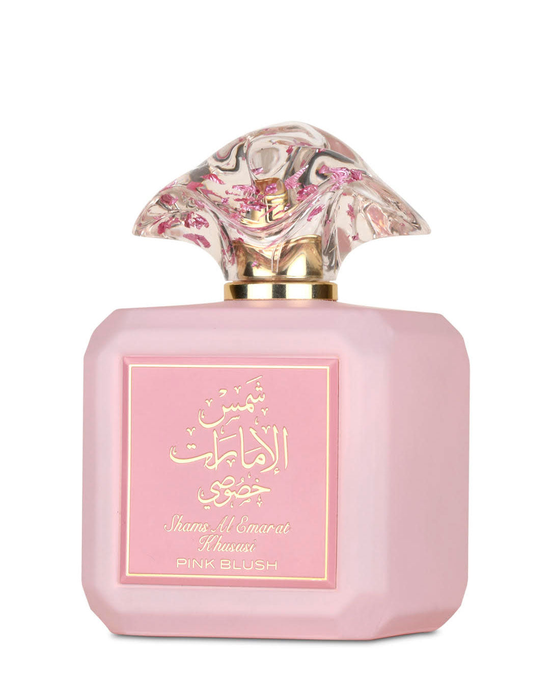 Pink perfume bottle with floral design on cap against white background