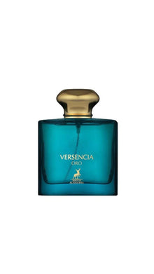 Versencia Oro Maison Alhambra perfume bottle with gold cap on white background