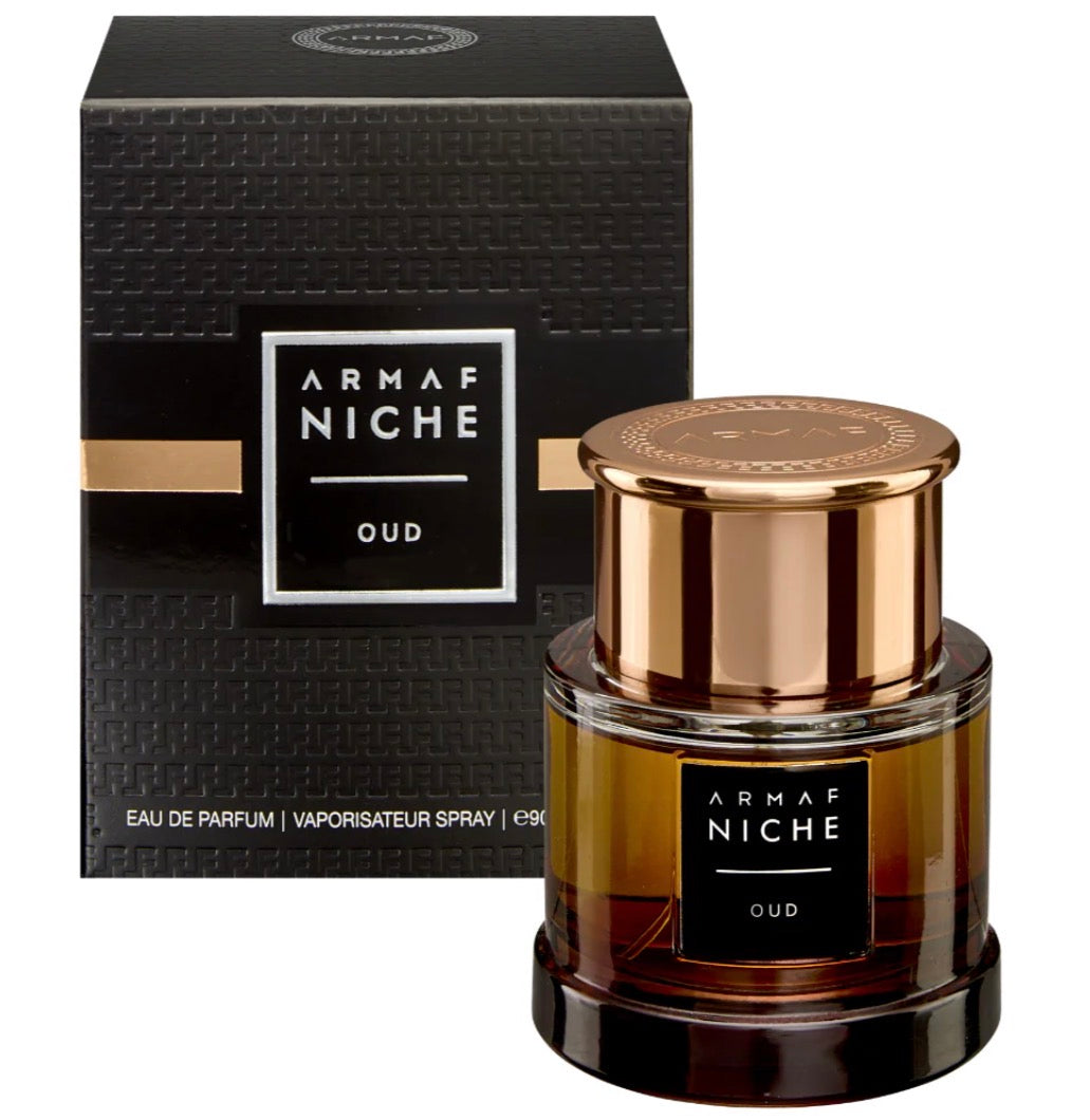 Armaf Niche Oud perfume bottle and box, luxury Arabian oud fragrance