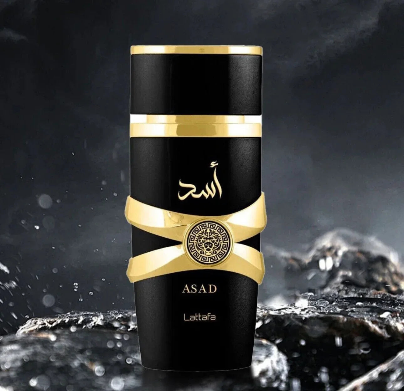 Black and gold Asad Lattafa Arabian oud perfume bottle with water splash background