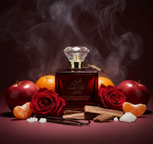 Arabian oud perfume bottle with crystal cap, surrounded by apples, oranges, roses, and spices