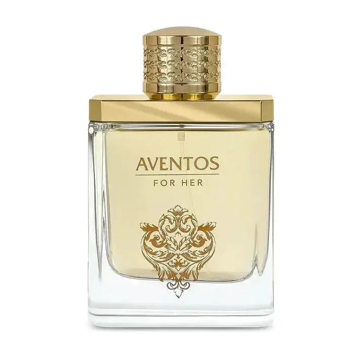 Close-up of Aventos for Her 100ml EDP perfume bottle with gold cap and floral emblem, elegant women's fragrance