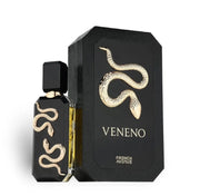 Black 'Veneno' perfume bottle and packaging with gold snake design on a white background