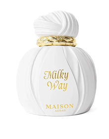 White Maison Asrar Milky Way Arabian oud perfume bottle with gold accents.