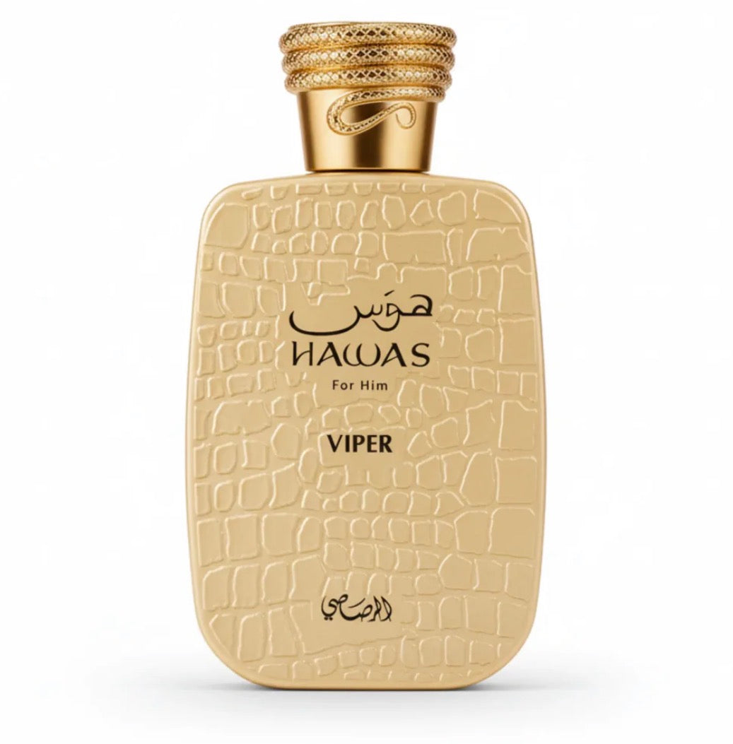 Perfume bottle with gold cap and crocodile-patterned body on a white background