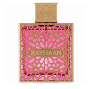 Perfume bottle with pink geometric design and 'RAYHAAN' branding on a white background