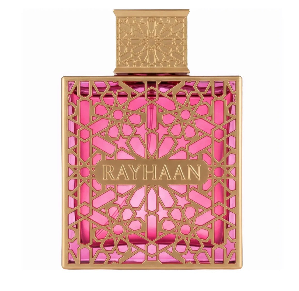 Perfume bottle with pink geometric design and 'RAYHAAN' branding on a white background