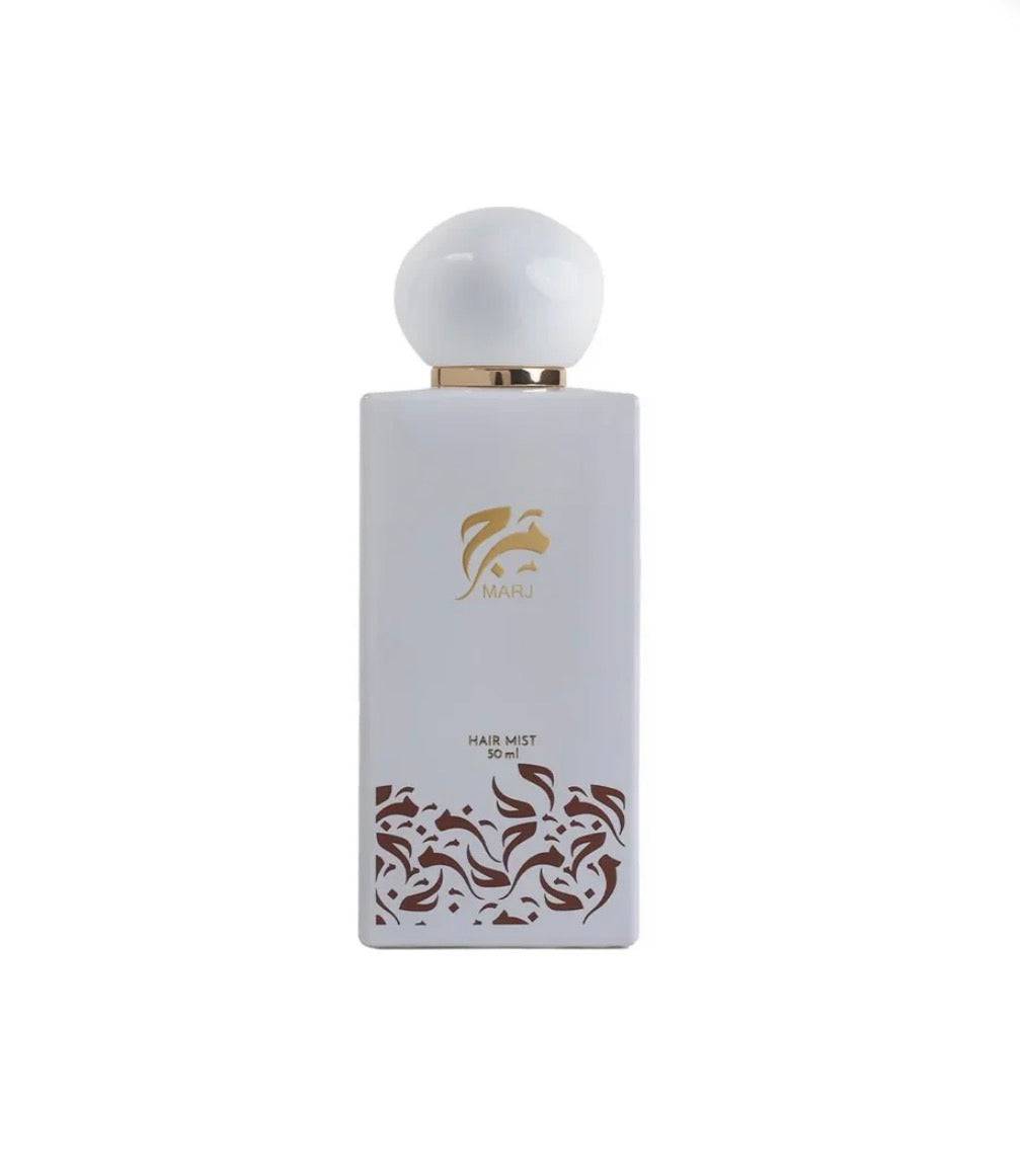 White hair mist bottle with decorative design on a white background