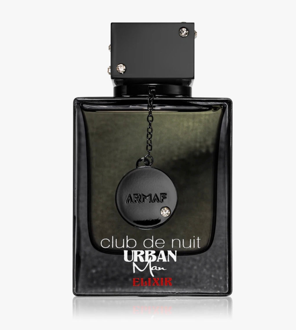 Armaf Club de Nuit Urban Man Elixir perfume bottle, black with metallic accents