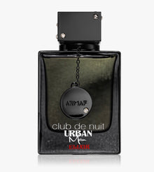 Armaf Club de Nuit Urban Man Elixir perfume bottle, black with metallic accents