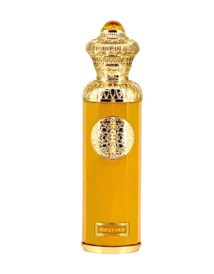 Luxury Honey Oud perfume bottle with ornate gold detailing, Arabian fragrance product