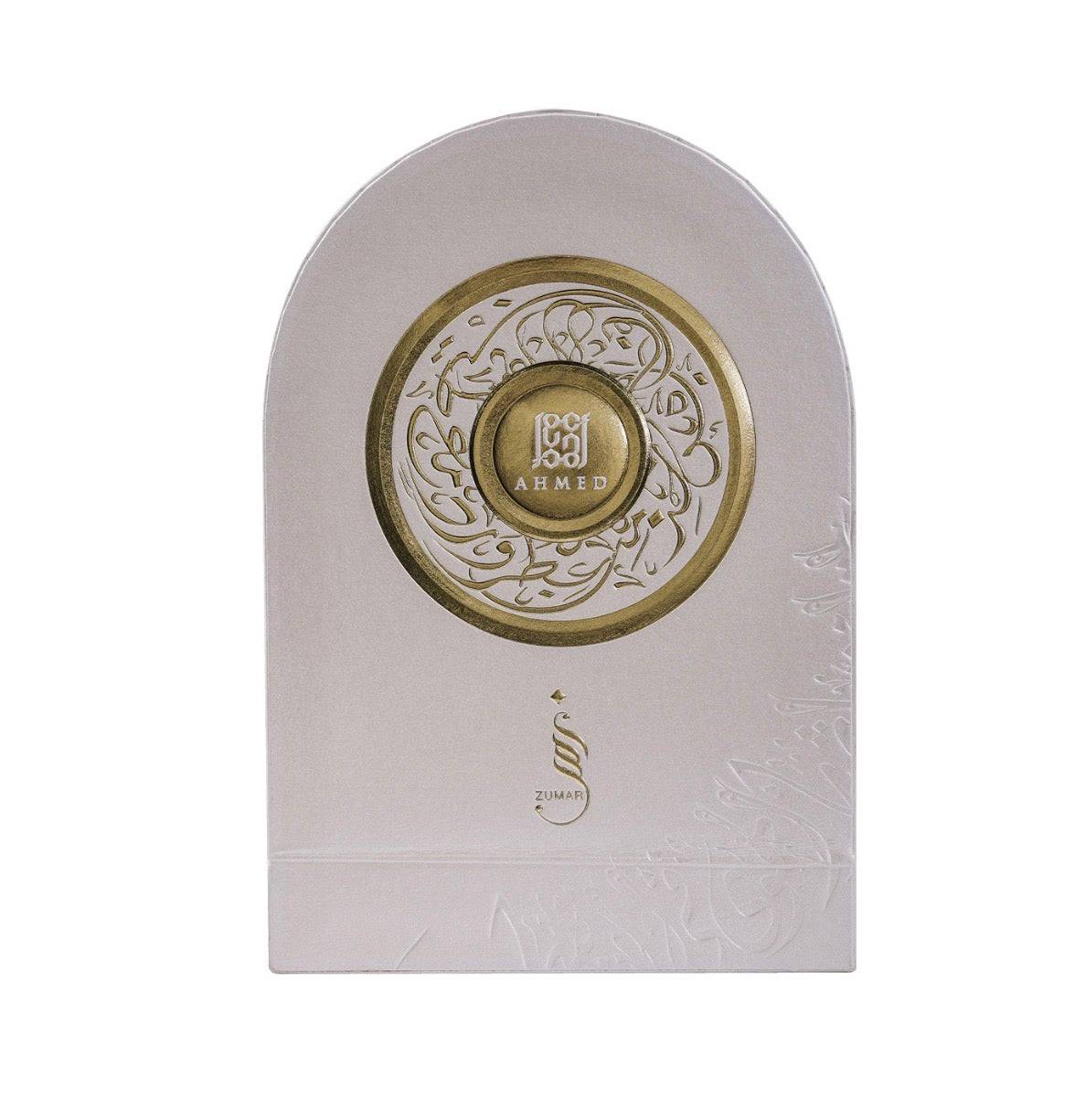 Close-up of Ahmed Al Maghribi Zumar perfume packaging