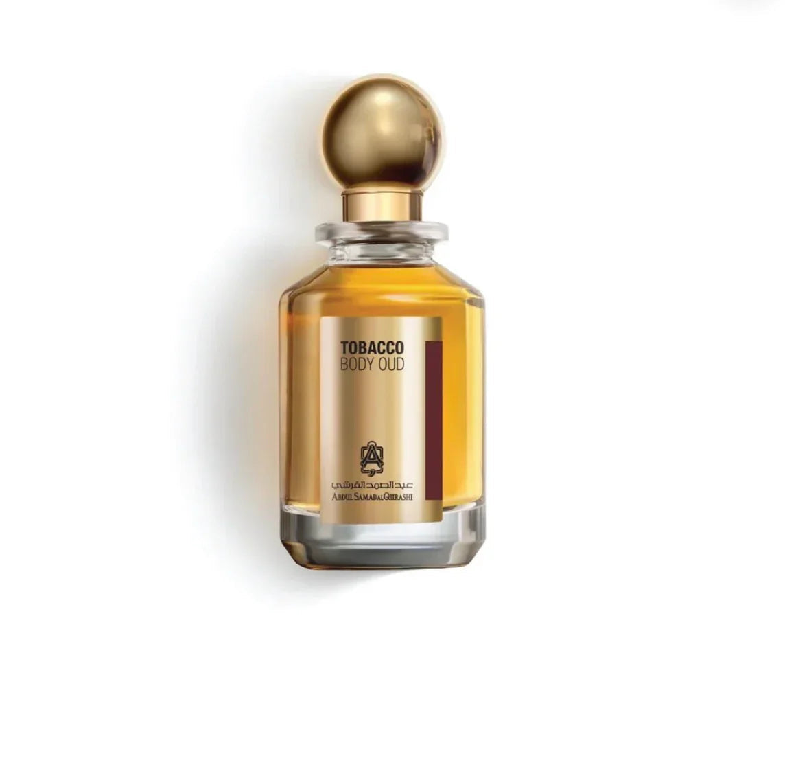 Tobacco Body Oud Arabian perfume bottle with gold cap on white background, Royal Oud