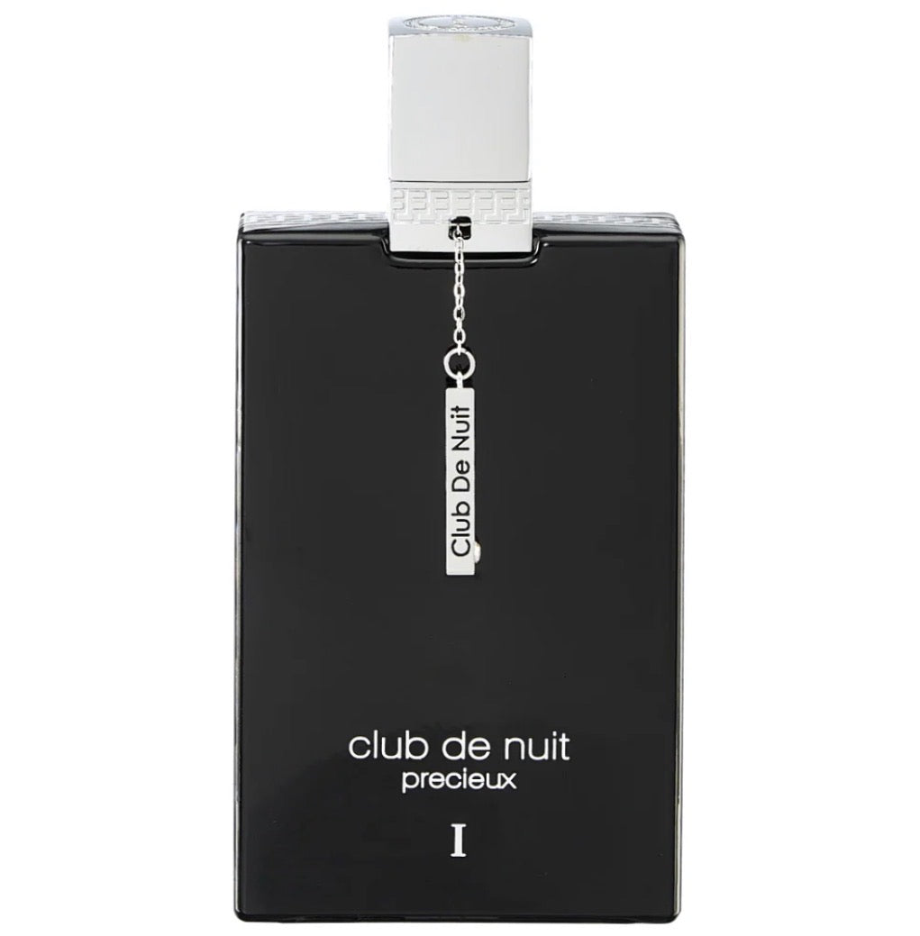 Club de Nuit Precieux I black perfume bottle with silver cap and chain