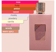 Pink Arabian oud perfume bottle with gold cap, rose, fruity and woody scent notes