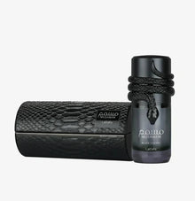 Black Oud perfume bottle with snake design and textured case, luxury Arabian fragrance