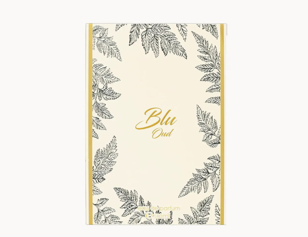 Notebook with leaf pattern and 'Blu' branding on a white background