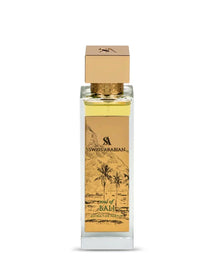 Swiss Arabian Soul of Bali perfume bottle with gold label, palm and mountain illustration