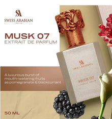 Musk 07 extrait de parfum bottle with gold cap, surrounded by pomegranate and blackcurrant, 50ml.