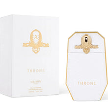 White and gold luxury Arabian oud perfume bottle and box labeled Throne Maison Asrar