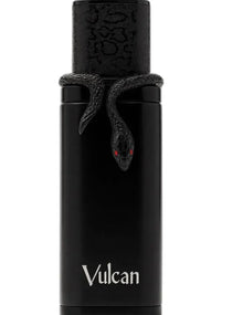 Black Arabian oud perfume bottle with snake design and Vulcan text, luxury fragrance