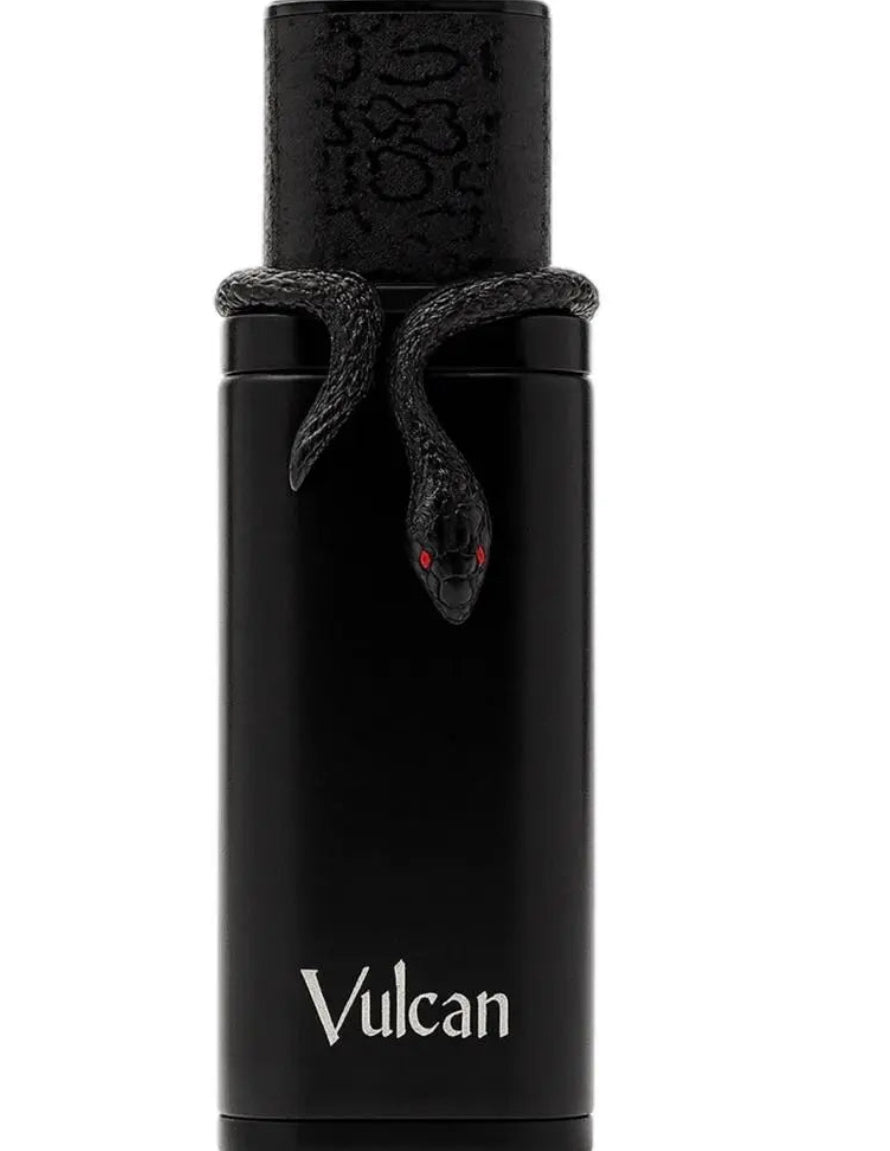 Black vape device with snake design and 'Vulcan' branding on a white background