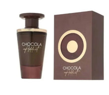 Chocolate-themed Arabian oud perfume bottle and matching gift box labeled 'Chocola Addict'.