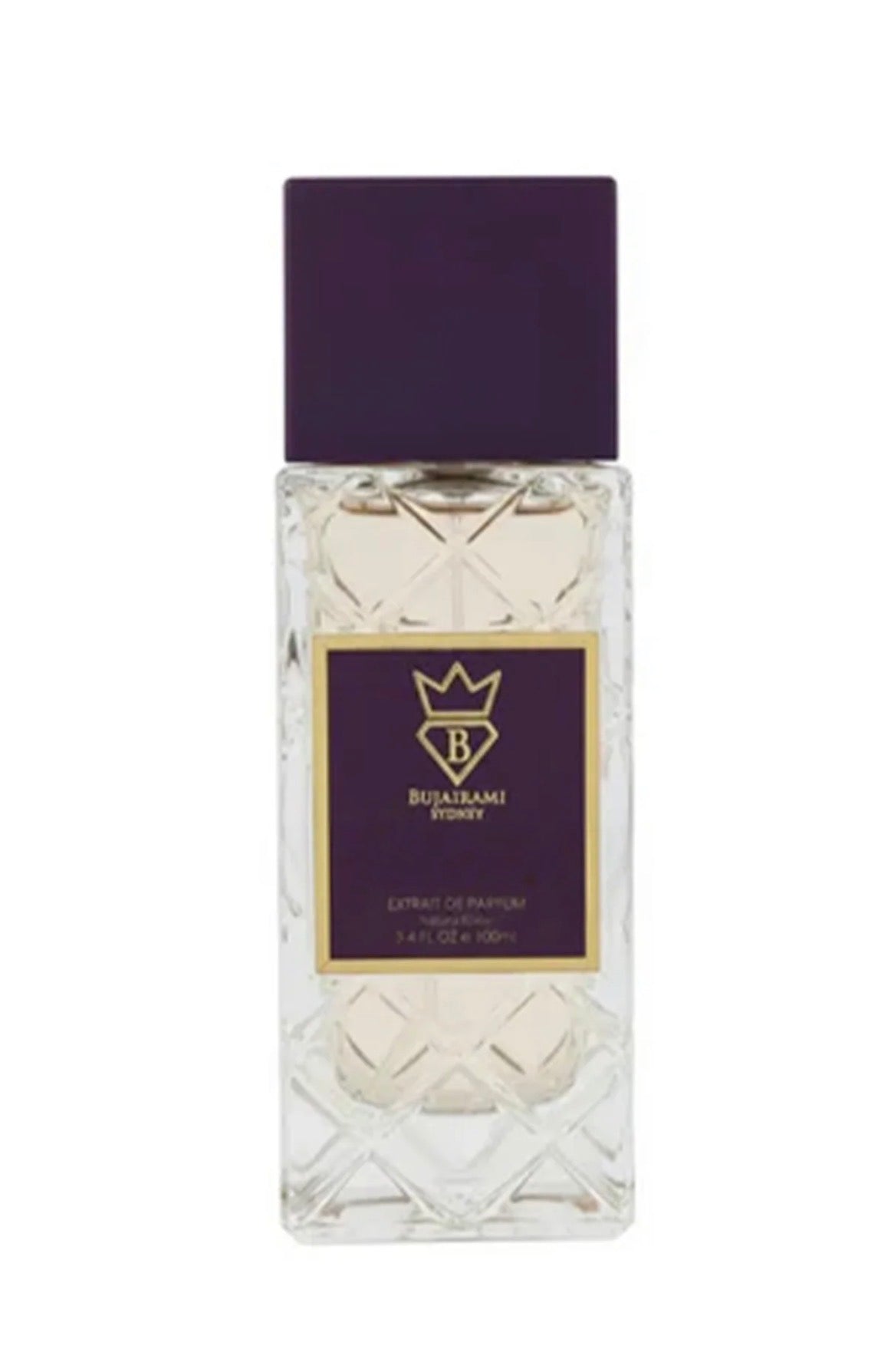 Luxury oud perfume bottle with dark purple cap and gold accented label, clear geometric glass