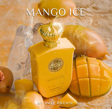 Mango Ice Eau de Parfum bottle with gold cap, surrounded by fresh mangoes and ice cubes.