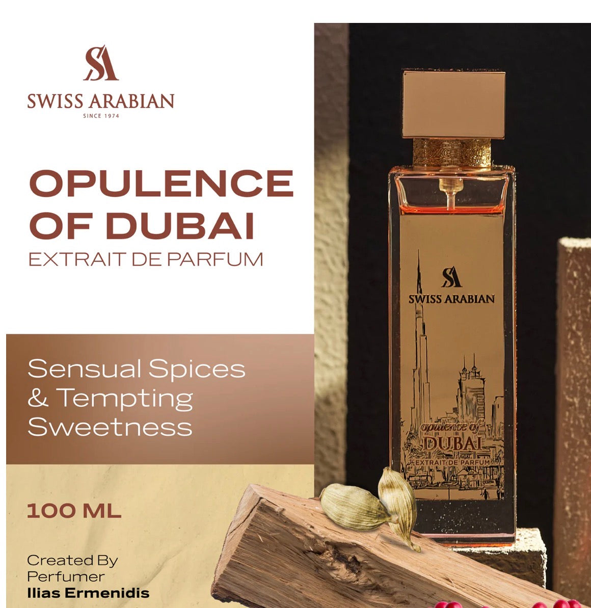 Swiss Arabian Opulence of Dubai perfume bottle with branding and product details.