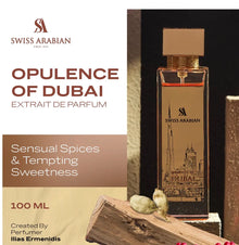 Opulence of Dubai Extrait de Parfum bottle, 100ml, with cardamom and wood accents.