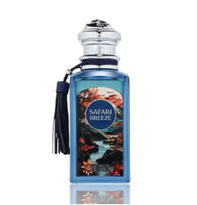 Safari Breeze perfume bottle with blue glass, detailed mountain and river label, and navy tassel.
