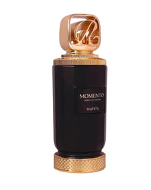 Luxury Riiffs Momento Arabian oud perfume bottle with gold accents on white background