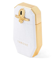 Luxury Arabian oud perfume bottle with white and gold geometric design and THRONE label