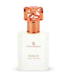 Swiss Arabian Musk 01 extrait de parfum bottle with rose gold ornate cap, luxury Arabian fragrance