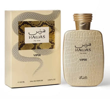 Hawas Viper for Him Arabian oud perfume bottle and box with snake print design.