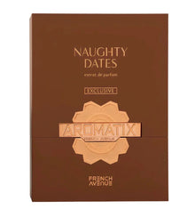 Brown box for Naughty Dates extrait de parfum by Aromatix French Avenue, luxury fragrance packaging