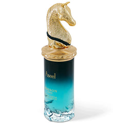 Aseel Maison Arabian oud perfume bottle with gold horse head cap on white background