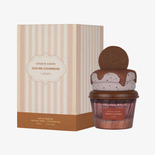 Lattafa Cookie Crave Give Me Gourmand perfume with cupcake bottle and cookie lid next to its box
